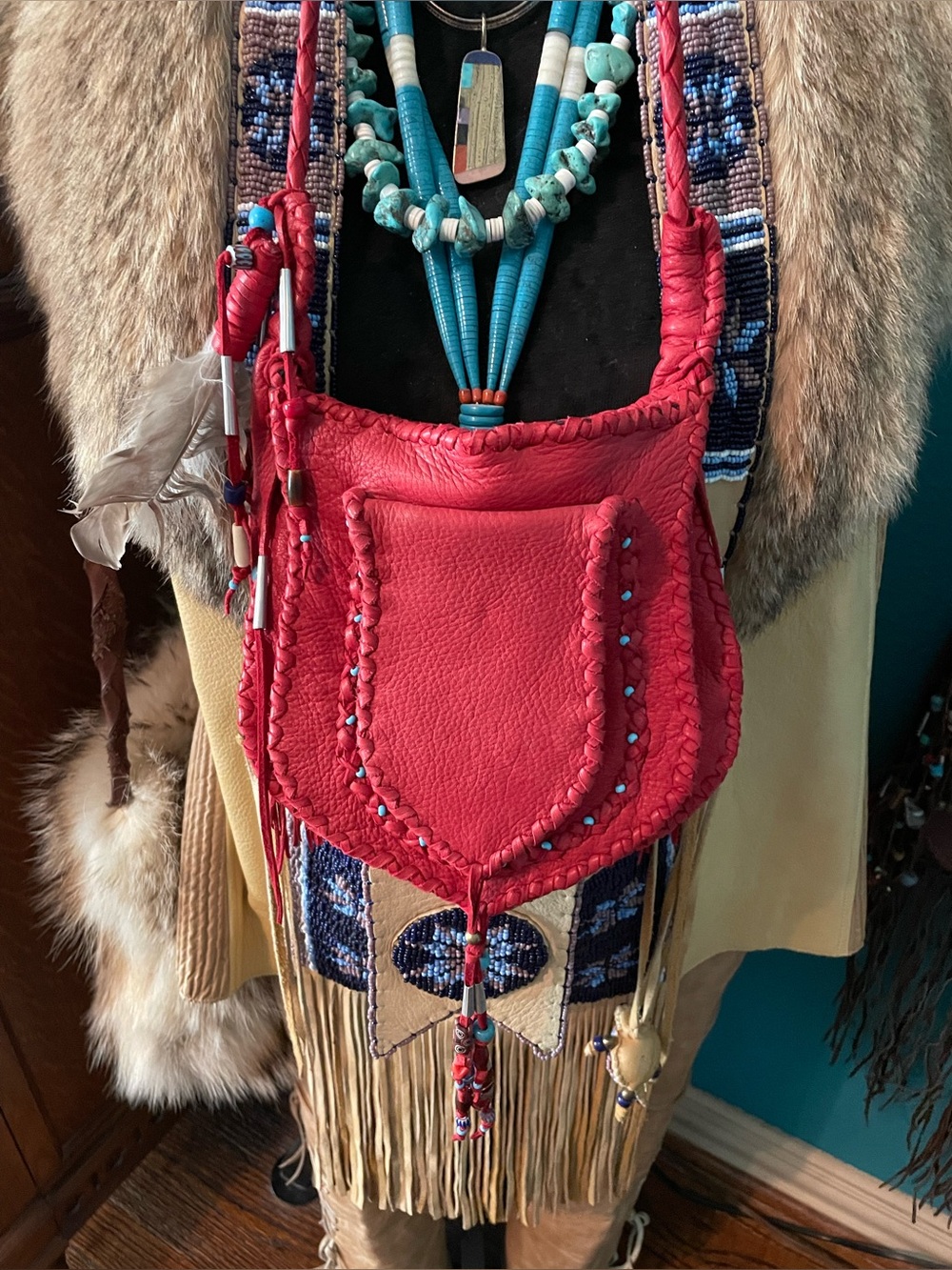 Handcrafted Red Leather Fringe Crossbody Bag